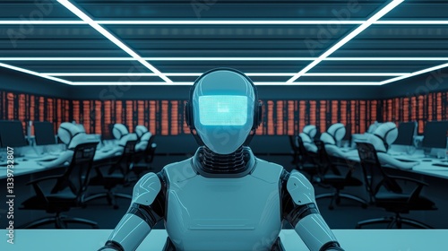 Wallpaper Mural A futuristic robot in a high-tech environment, illuminated by bright lights, surrounded by additional robotic figures. Torontodigital.ca