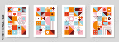 Abstract set with posters in retro bauhaus flat style. Vector illustration. Colorful designs with simple geometric shapes. Designs in retro style. Seamless pattern collection. 