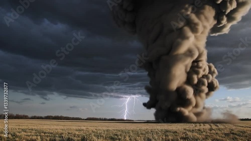 Dramatic tornado twists across open field with striking lightning in dark sky