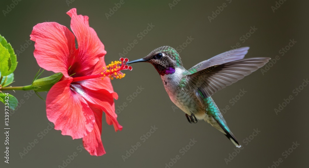 Fototapeta premium Hummingbird Feeding Nectar From Red Hibiscus Flower in Flight