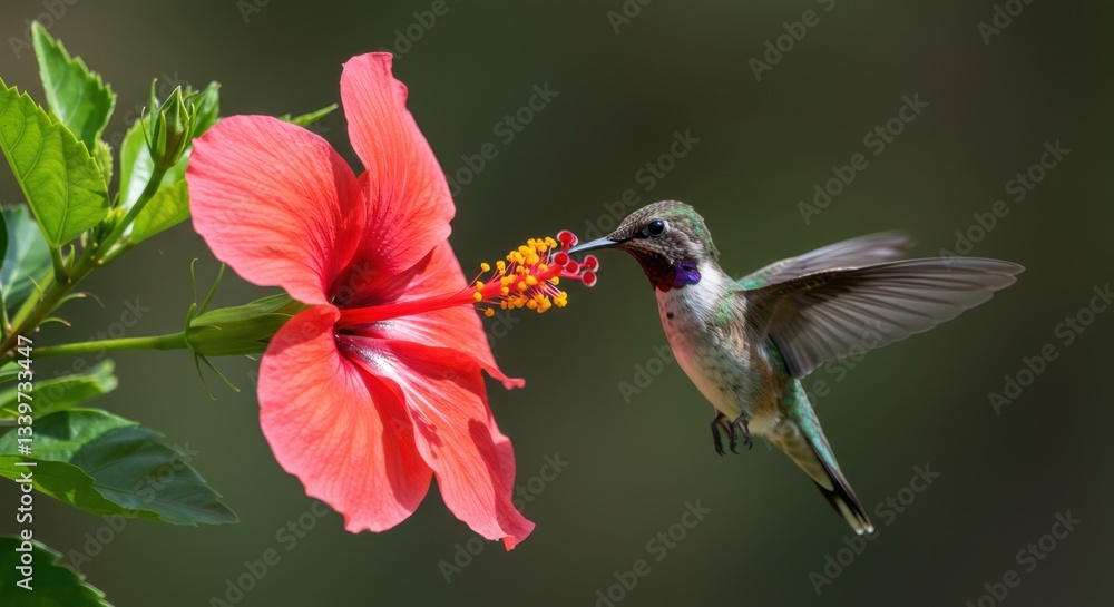 Fototapeta premium Hummingbird Feeding on Flower Nectar From a Vibrant Red Hibiscus