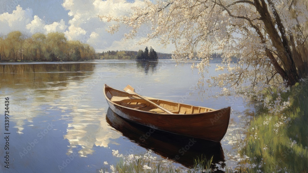 Obraz premium Tranquil Springtime Canoe Scene on Calm Water