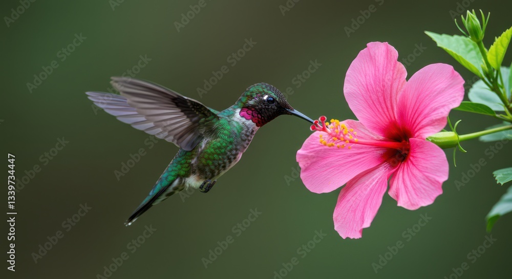 Fototapeta premium Hummingbird Hovering Near Pink Flower Extracting Nectar in Natural Habitat