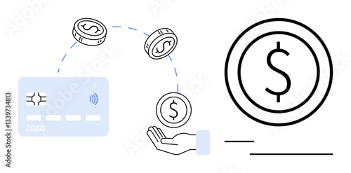 Credit card, coins, and hand conveying digital payment, online transactions, and cashless banking. Ideal for finance, technology, e-commerce, fintech savings budgeting flat simple metaphor