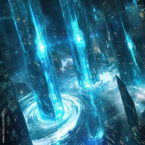 Futuristic cityscape features glowing blue structures and swirling vortexes