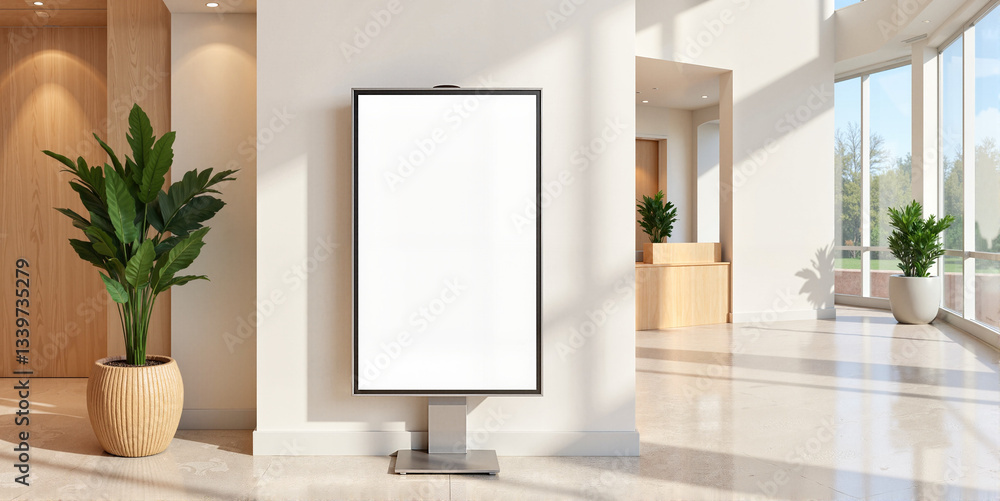 Minimalist blank white poster in modern office lobby with plant for corporate branding, interior design mockups, business presentation templates and office space visualization Minimalist blank white poster in modern office lobby with plant for corporate branding, interior design mockups, business presentation templates and office space visualization