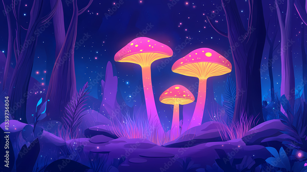 Mysterious forest with bioluminescent mushrooms and spectral lights, blending enchantment with an air of intrigue. Spectral Spores. Illustration Mysterious forest with bioluminescent mushrooms and spectral lights, blending enchantment with an air of intrigue. Spectral Spores. Illustration