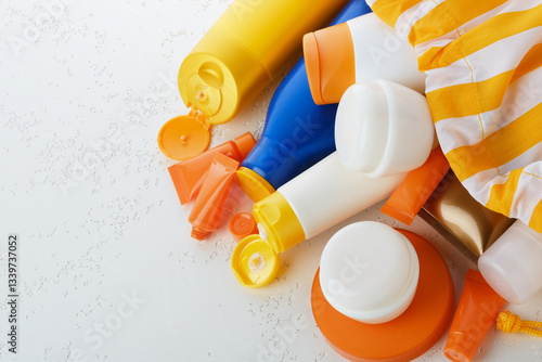 Used plastic colorful containers and lotions placed at random alongside a colorful beach bag on a white background. Eco-conscious, waste sorting, sustainability concept. top view photo