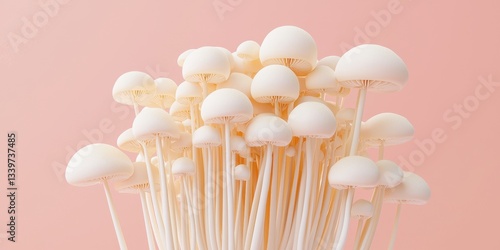 Flying enoki mushroom cluster with delicate white stems, on a pastel pink background
