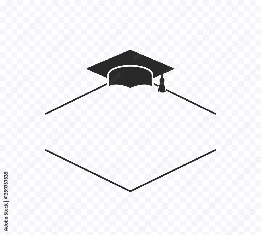 Obraz premium Graduate college, high school or university cap isolated on transparent background. Vector degree ceremony hat with line stroke border. Black educational student symbol and blank frame