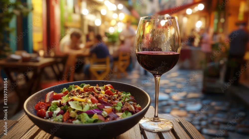 Vibrant Salad and Wine at Night in a City Street Scene During Evening Hours in a Colorful Cityscape with Restaurants and Cobblestone Streets with Warm Lighting. A Lively Outdoor Dining Experience Vibrant Salad and Wine at Night in a City Street Scene During Evening Hours in a Colorful Cityscape with Restaurants and Cobblestone Streets with Warm Lighting. A Lively Outdoor Dining Experience