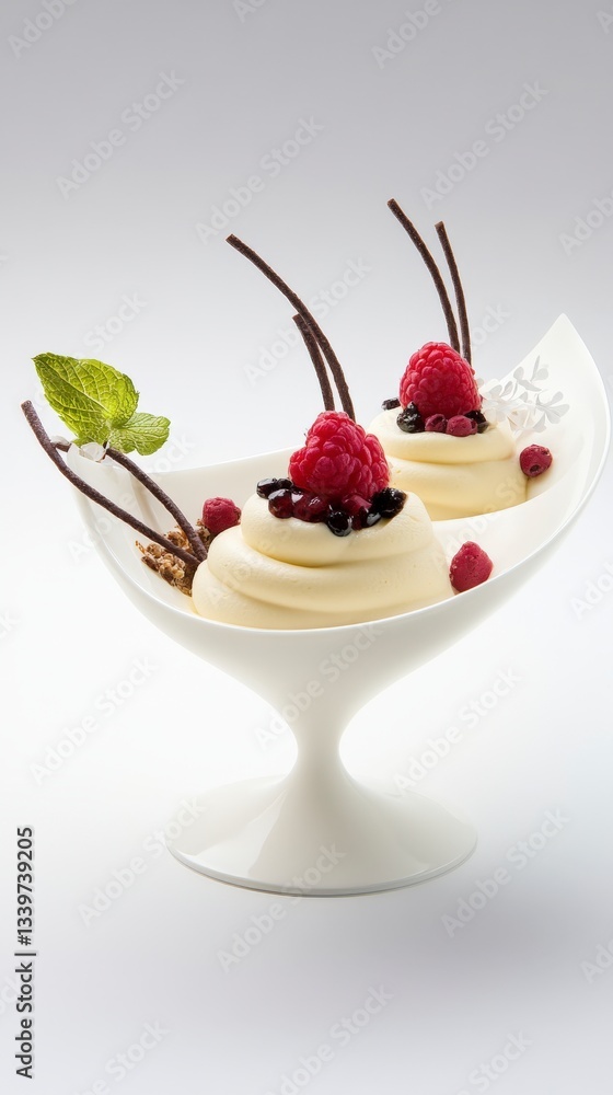 A Culinary Masterpiece: Exquisite Dessert Presentation with Raspberries and Whipped Cream A Culinary Masterpiece: Exquisite Dessert Presentation with Raspberries and Whipped Cream