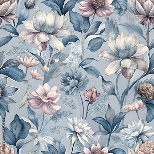 A Seamless Pattern of Delicate Blue and Pink Flowers on a Light Blue Background.