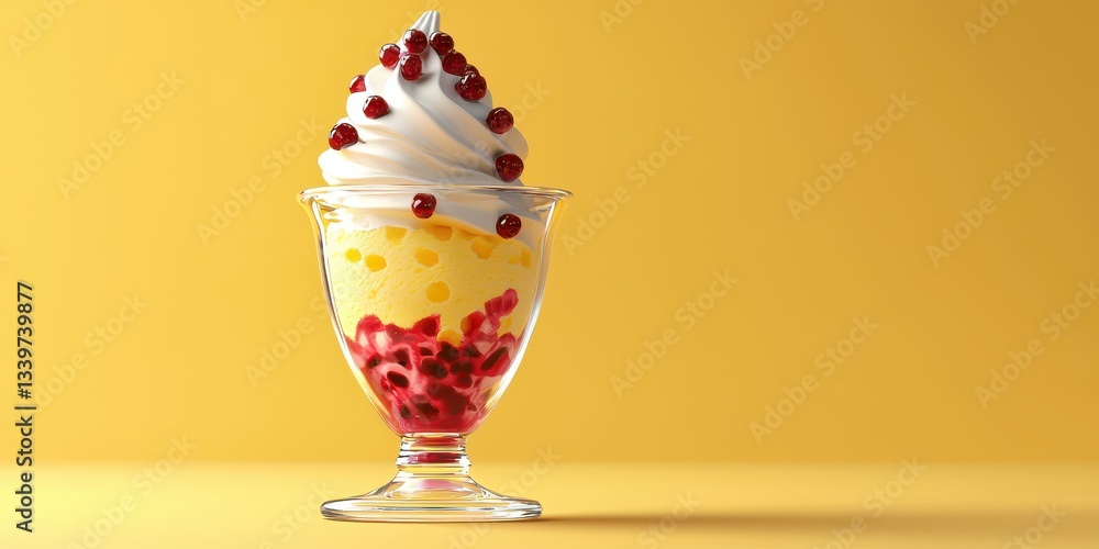 Flying ice cream in a glass sundae cup with berry syrup, on a pastel yellow background Flying ice cream in a glass sundae cup with berry syrup, on a pastel yellow background