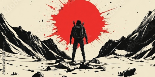 An individual stands facing a large red burst in desolate wilderness scenery