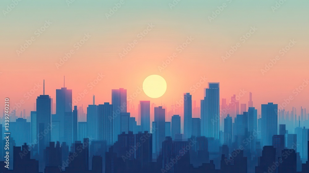 Serene Cityscape at Sunrise A Minimalist Vector Illustration Serene Cityscape at Sunrise A Minimalist Vector Illustration