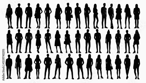 Vector silhouettes man and women, illustration. Silhouettes of young people posing in casual clothes. EPS 10 version.