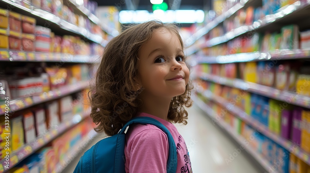 Young girl is smiling and looking at the shelves in a store. She is wearing a pink shirt and a backpack Young girl is smiling and looking at the shelves in a store. She is wearing a pink shirt and a backpack