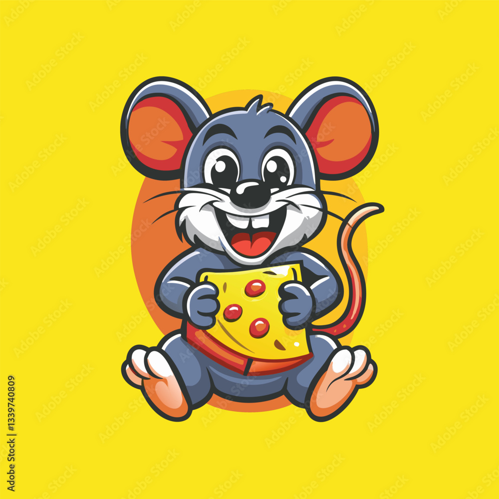 Illustrated Mouse Character Munching on a Delicious Wedge of Cheese Illustrated Mouse Character Munching on a Delicious Wedge of Cheese