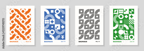Abstract set with posters in retro bauhaus flat style. Vector illustration. Colorful designs with simple geometric shapes. Designs in retro style. Seamless pattern collection. 