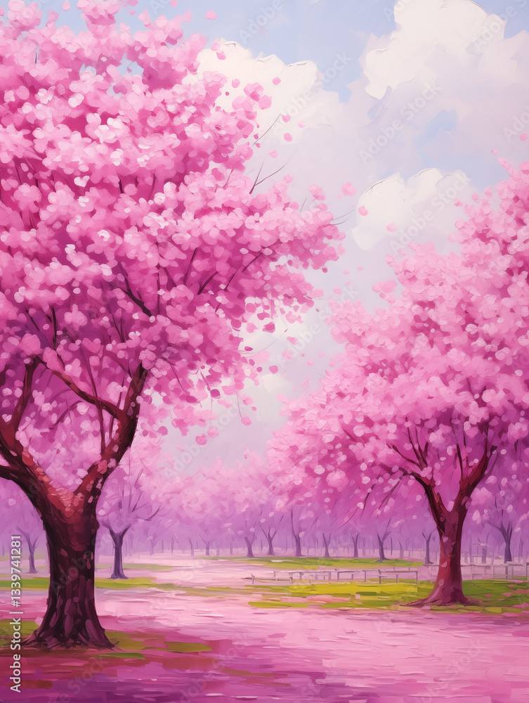 Spring blooms create a dreamy landscape with pastel cherry blossom trees and a serene background Spring blooms create a dreamy landscape with pastel cherry blossom trees and a serene background