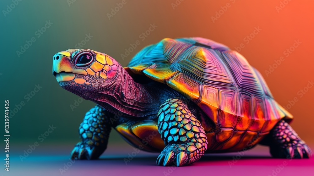 Fototapeta premium Colorful turtle is standing on a colorful background. The turtle is the main focus of the image, and it is a close-up shot. The vibrant colors of the turtle and the background create a lively