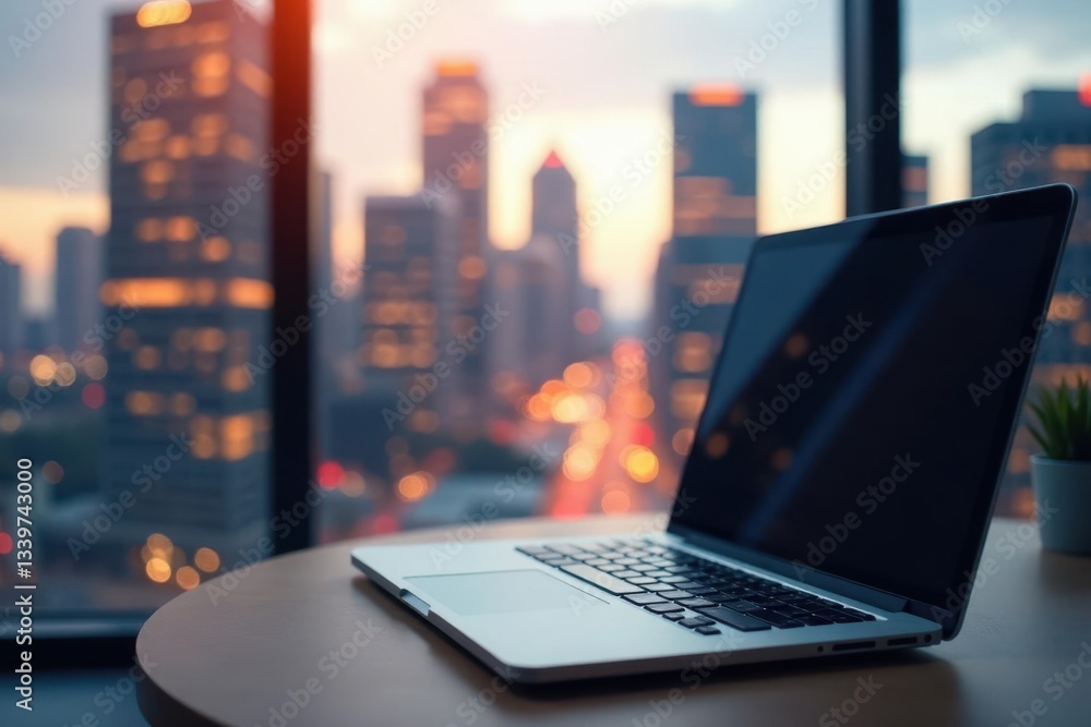 Obraz premium Blurred cityscape viewed from window, laptop on table, virtual, internet