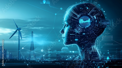 Fusion of Futuristic City and AI, Depicting Wind Power and Digital Networks