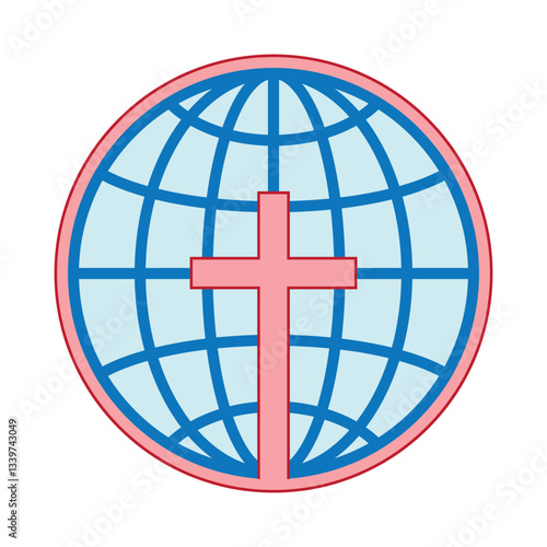 Image of a red cross on the background of a blue globe. The symbol of the global international Christian mission of the Church. The preaching of the Gospel of Jesus Christ. EPS 10. Vector illustration