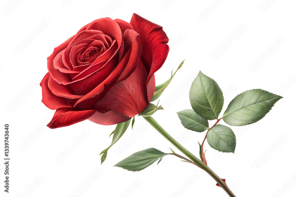 Red rose with leaves in natural light setting Red rose with leaves in natural light setting