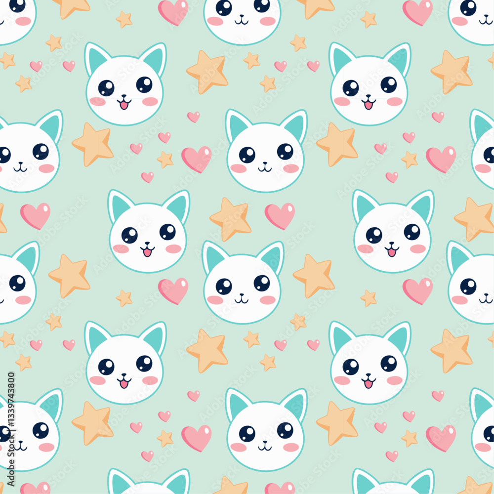 Fototapeta premium Seamless Pattern of Cute Cartoon Cat Faces with Stars and Hearts on Light Green Background