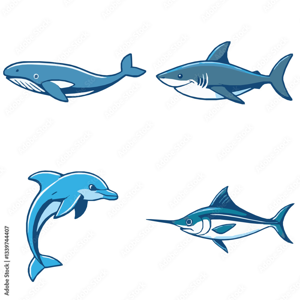 Fototapeta premium Simple, Contoured Ocean Animal Illustrations - Shark, Whale, Doplhin, Swordfish Set