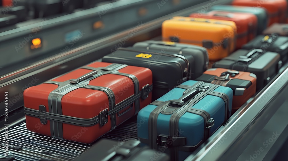 Fototapeta premium Airport Baggage Claim: Conveyor Belt Flowing with Diverse Luggage