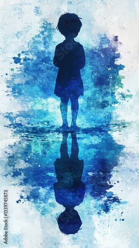 A small child standing and creating a reflection on the water