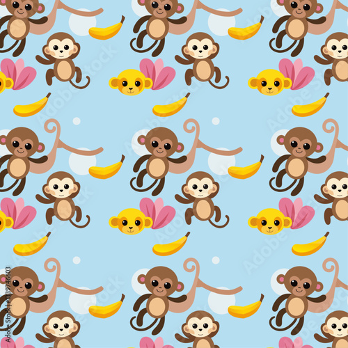 Seamless Vector Pattern of Playful Monkeys, Bananas, and Flowers on Blue