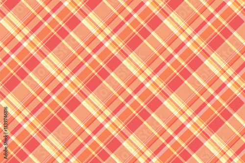 Vibrant diagonal plaid pattern in warm peach and orange hues.  Perfect for textile design, fashion, website backgrounds, or any project needing a cheerful, summery aesthetic.