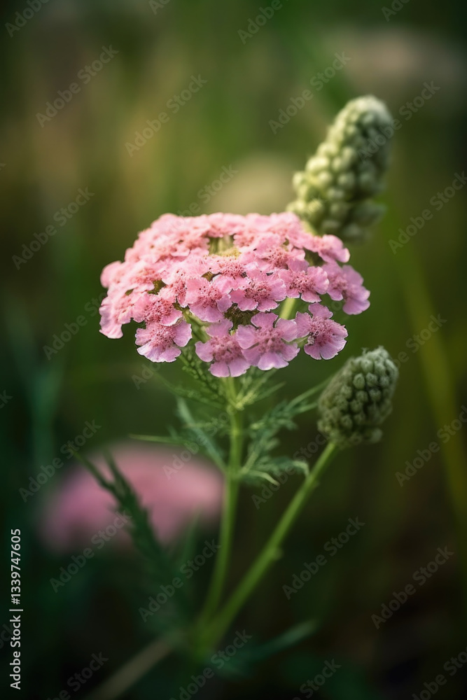Beautiful pink yarrow flower surrounded by lush green grass in soft light Beautiful pink yarrow flower surrounded by lush green grass in soft light