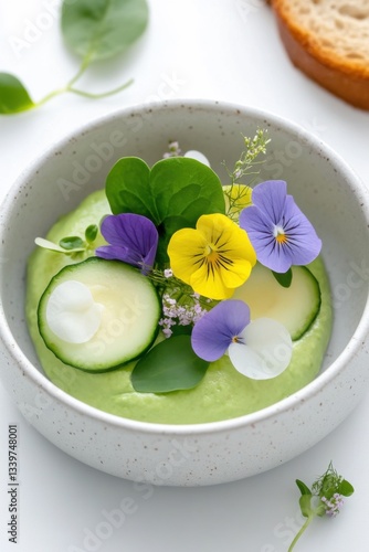 Wallpaper Mural Exquisite deconstructed avocado salad with microgreens and edible flowers served with artisan bread in gentle natural light Torontodigital.ca