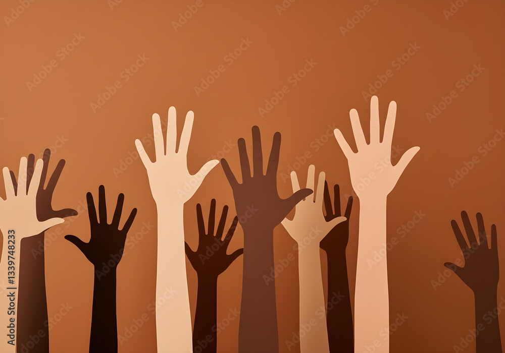 Fototapeta premium Diverse raised hands, unity in diversity, paper cut-out style, brown background, symbolic representation