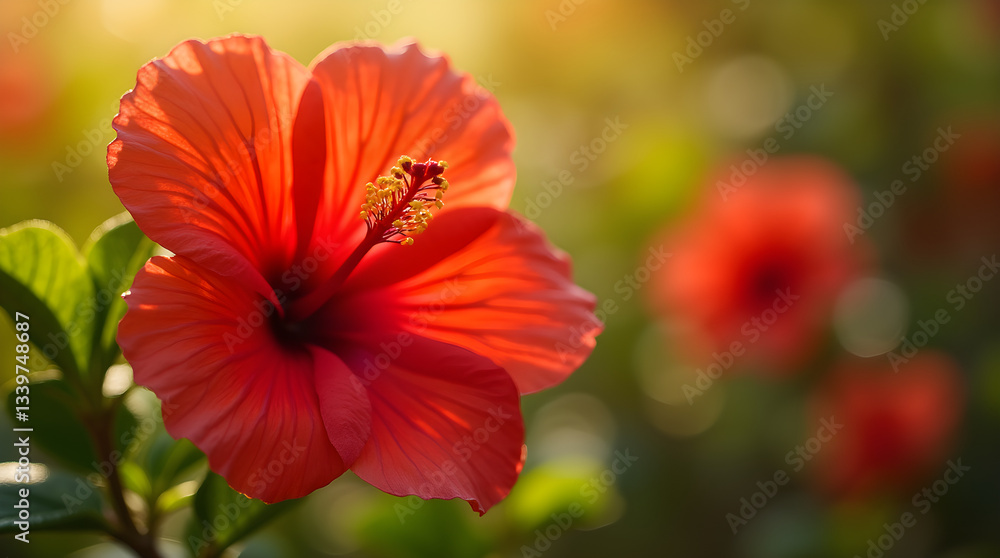 Vibrant Red Hibiscus Flower Bloom Macro Sunlight Bokeh Green Leaves Nature Vibrant Red Hibiscus Flower Bloom Macro Sunlight Bokeh Green Leaves Nature