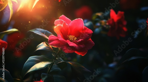 Red Camellia Sunset Garden Bloom
