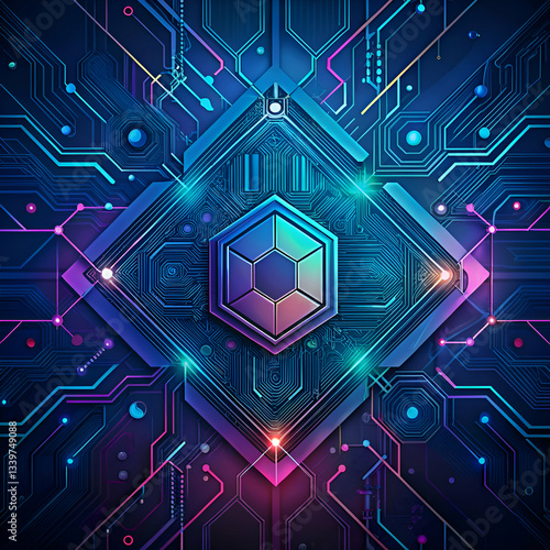A glowing hexagonal symbol sits within a circuit board design.