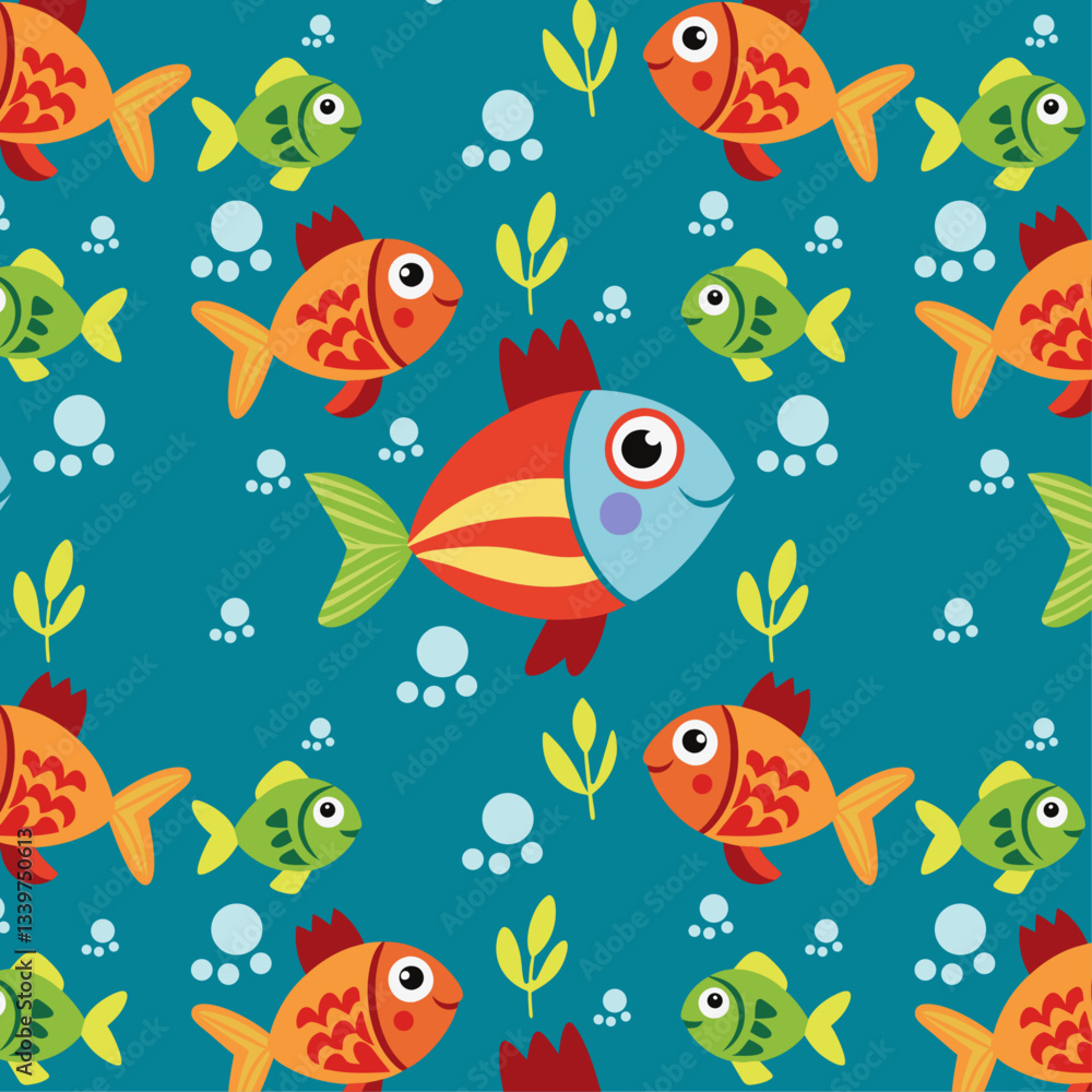 Vibrant Underwater Pattern with Colorful Cartoon Fish and Aquatic Plants Vibrant Underwater Pattern with Colorful Cartoon Fish and Aquatic Plants