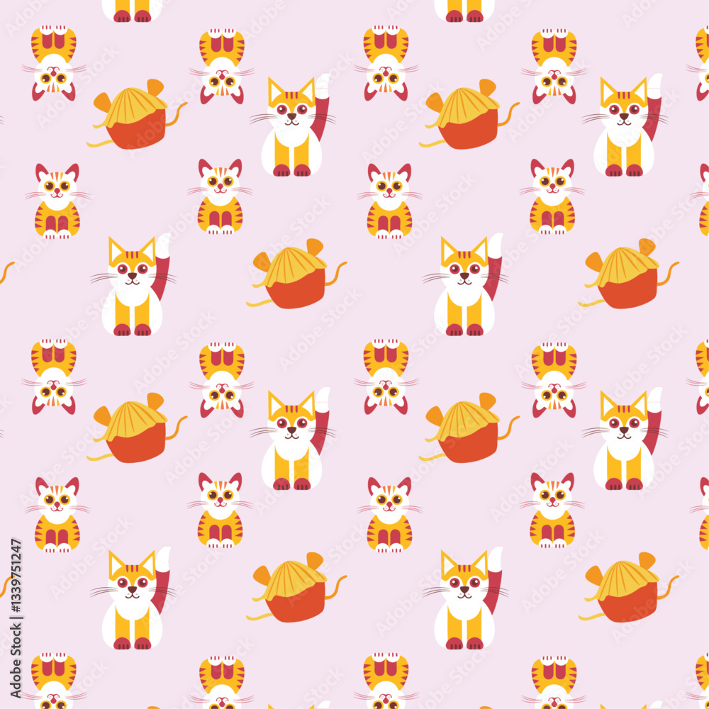 Whimsical Cat and Yarn Ball Pattern on Light Pink Background Whimsical Cat and Yarn Ball Pattern on Light Pink Background