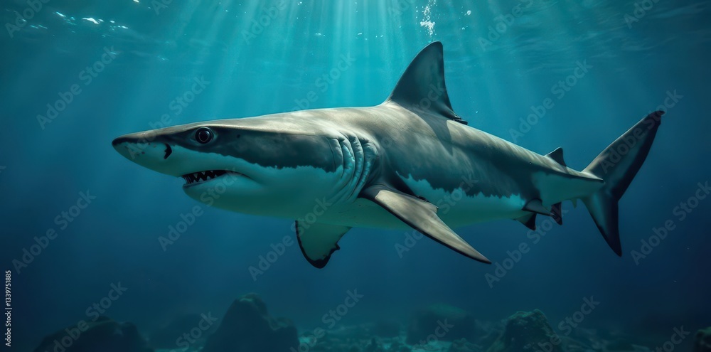 Fototapeta premium Bull shark partially submerged, showing its dorsal fin , water, environment, habitat