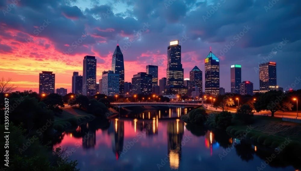 Fototapeta premium City lights illuminate Austin's skyline at dusk , downtown, towers, hill country