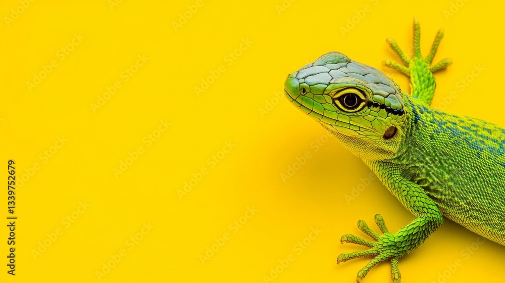 Fototapeta premium Green lizard is on a yellow background. The lizard is looking at the camera. The yellow background is bright and cheerful