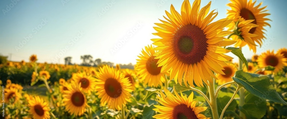 Fototapeta premium Vibrant sunflowers bathed in golden sunlight, summer landscape, sun rays, farm