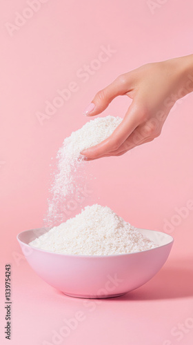 Close-up of a hand pouring rice powder into a pink bowl on pastel background photo