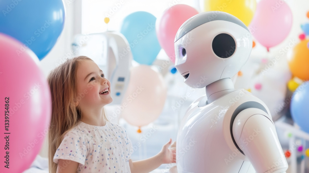 Humanoid medical robot interacting with child in colorful balloon-filled environment Humanoid medical robot interacting with child in colorful balloon-filled environment